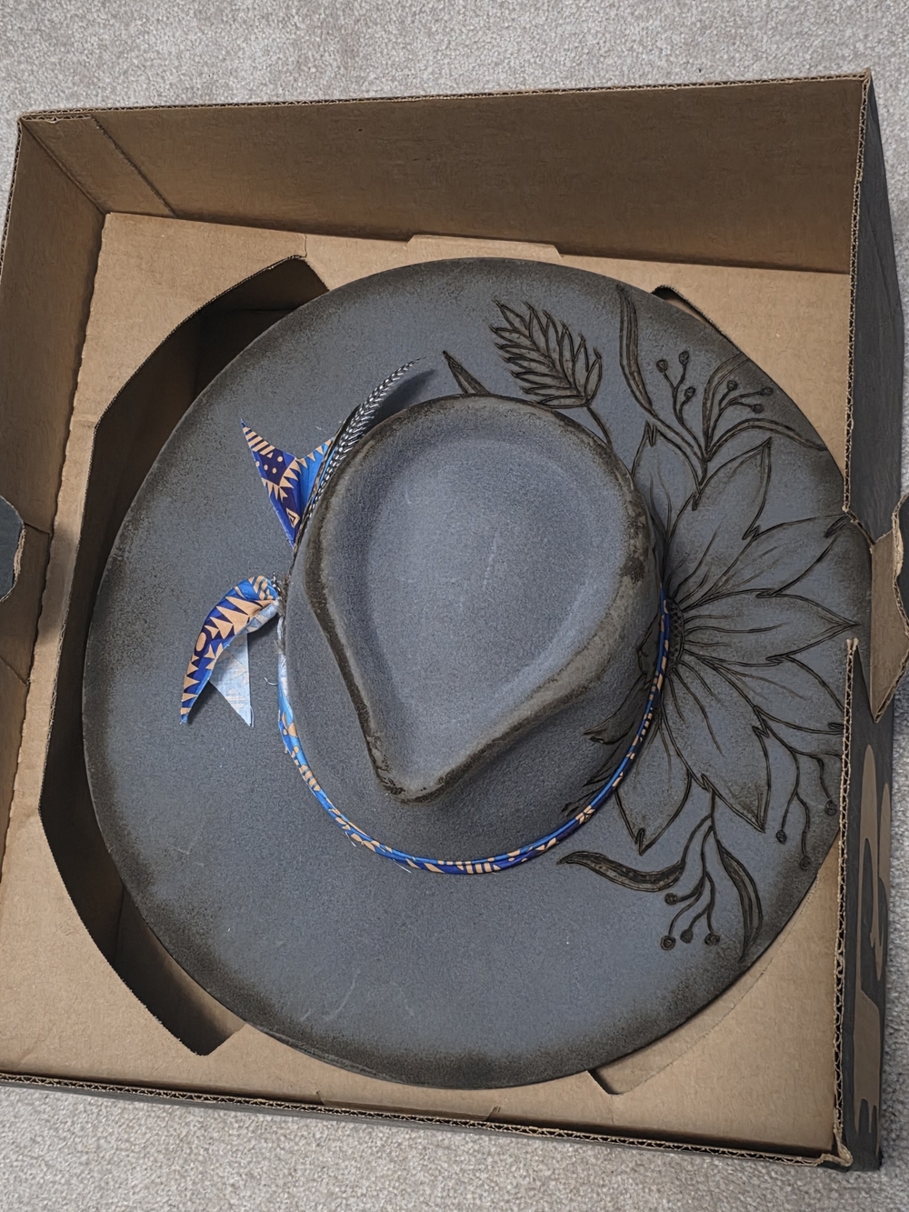 Wide Brim Custom Burn Etched Design Cowgirl Hat